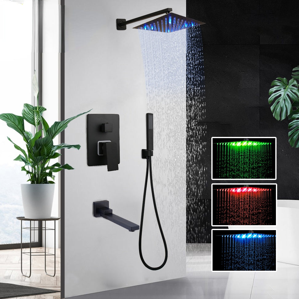 Bathroom Matte Black Shower Faucet Kits Rainfall Tub LED Bathtub Rain Square Shower Head & Swivel Spout Shower Set