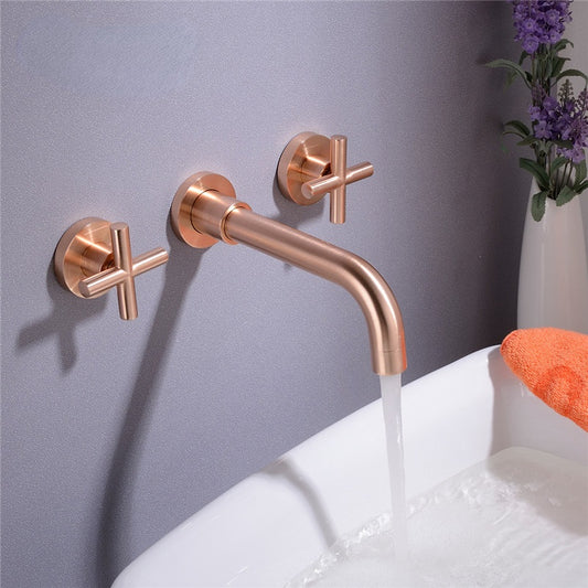 Basin Faucet Wall Mounted Golden Matte/Rose Gold Dual Handle In-Wall Bathroom Sink Faucet 3 Holes Hot & Cold mixer Tap Torneira