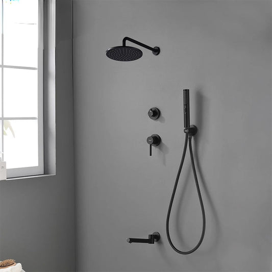 Brass Matte Black Wall Embed Mount 3-Function Concealed Shower System 10 Inch Top Rain Spray Bathroom Faucet