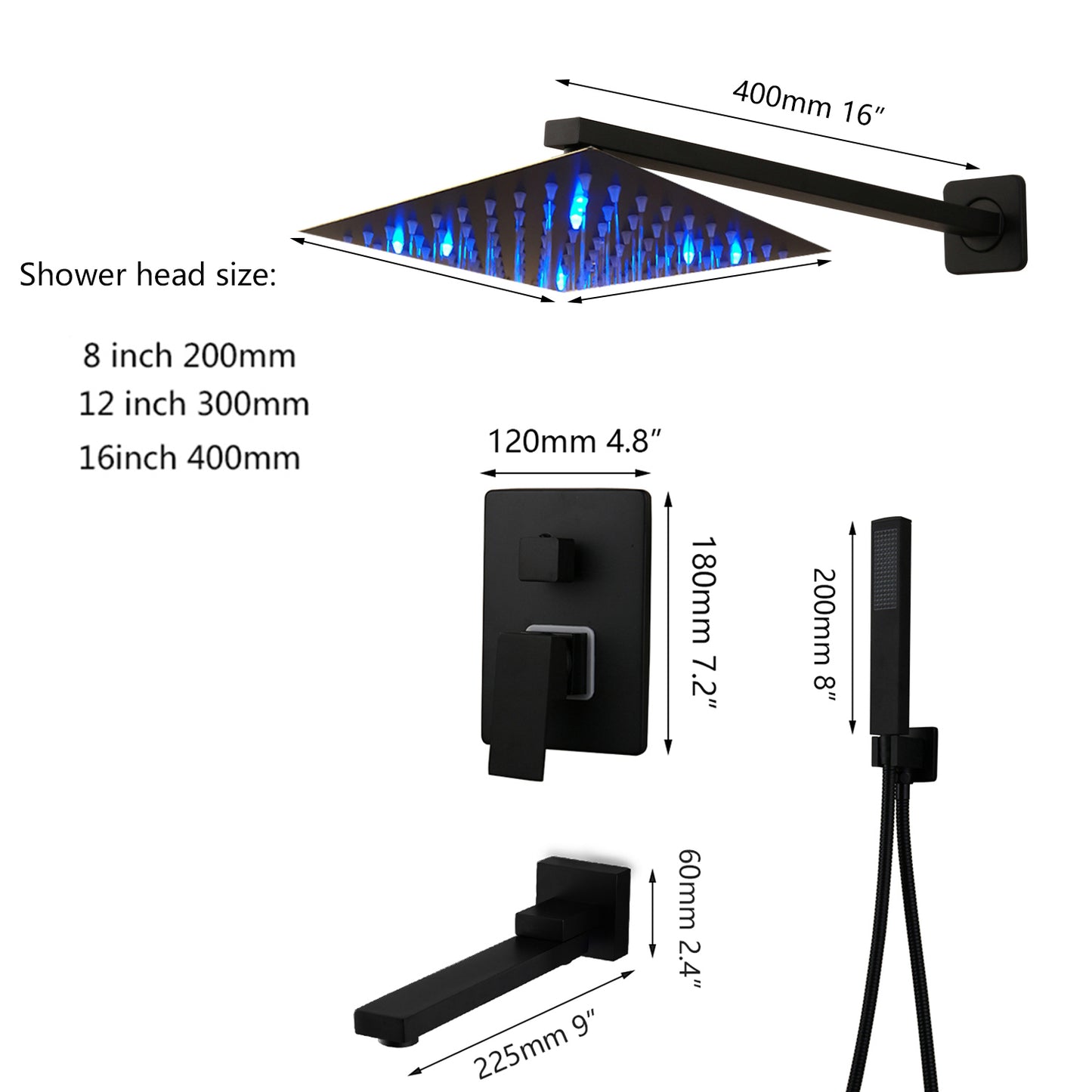 Bathroom Matte Black Shower Faucet Kits Rainfall Tub LED Bathtub Rain Square Shower Head & Swivel Spout Shower Set