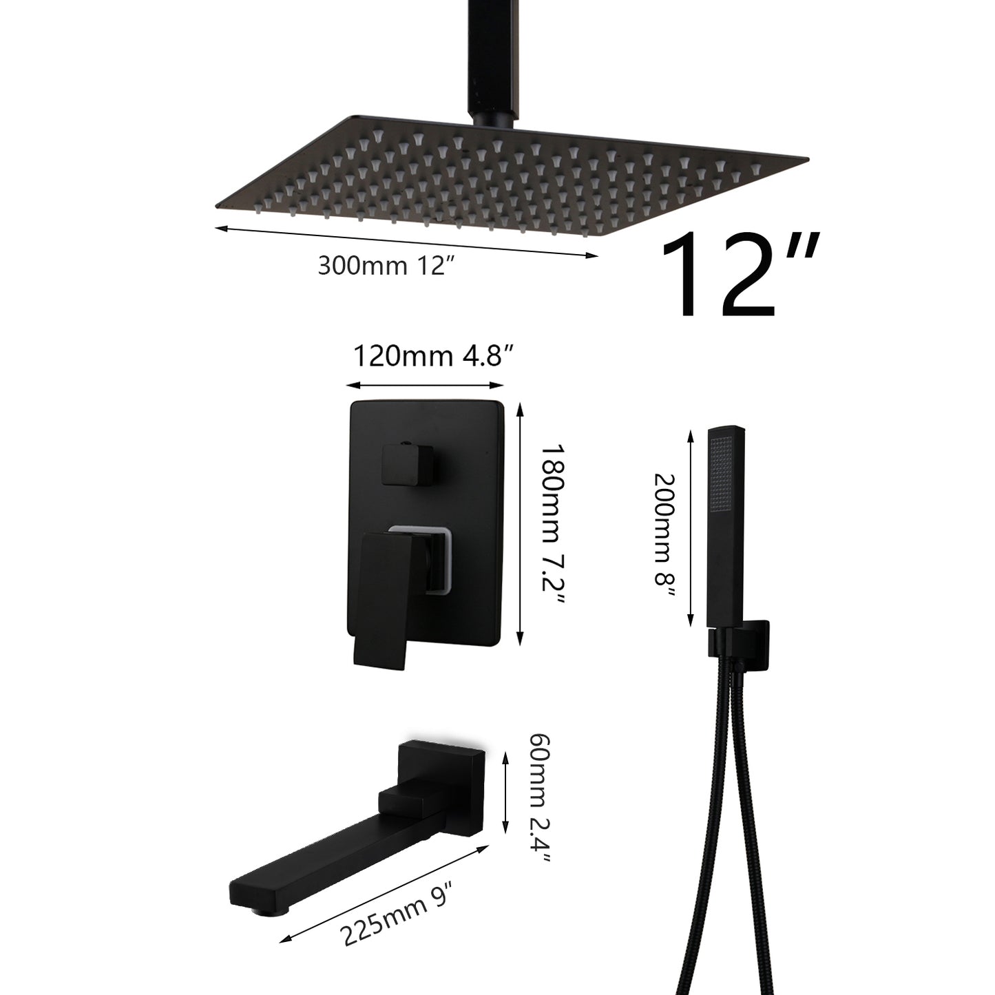 Bathroom Matte Black Shower Faucet Kits Rainfall Tub LED Bathtub Rain Square Shower Head & Swivel Spout Shower Set