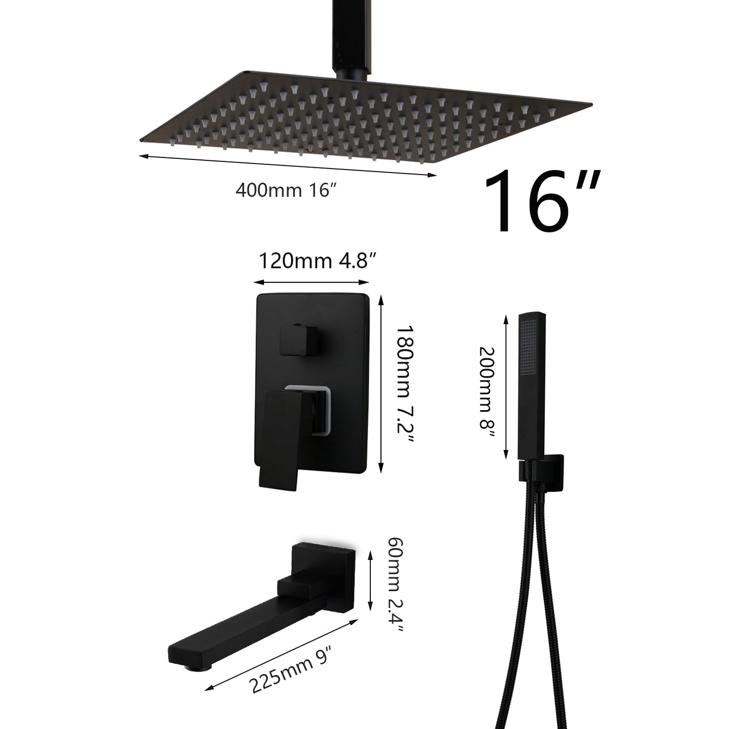 Bathroom Matte Black Shower Faucet Kits Rainfall Tub LED Bathtub Rain Square Shower Head & Swivel Spout Shower Set