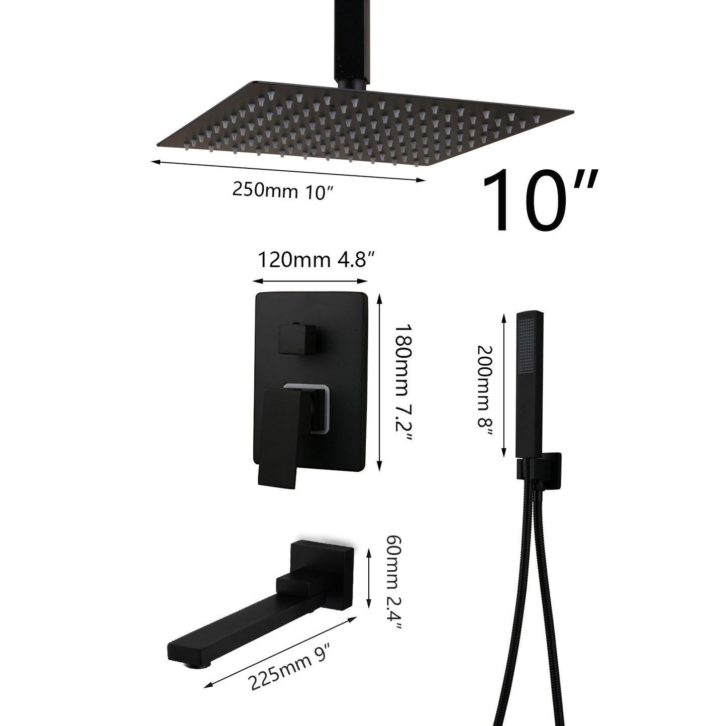 Bathroom Matte Black Shower Faucet Kits Rainfall Tub LED Bathtub Rain Square Shower Head & Swivel Spout Shower Set