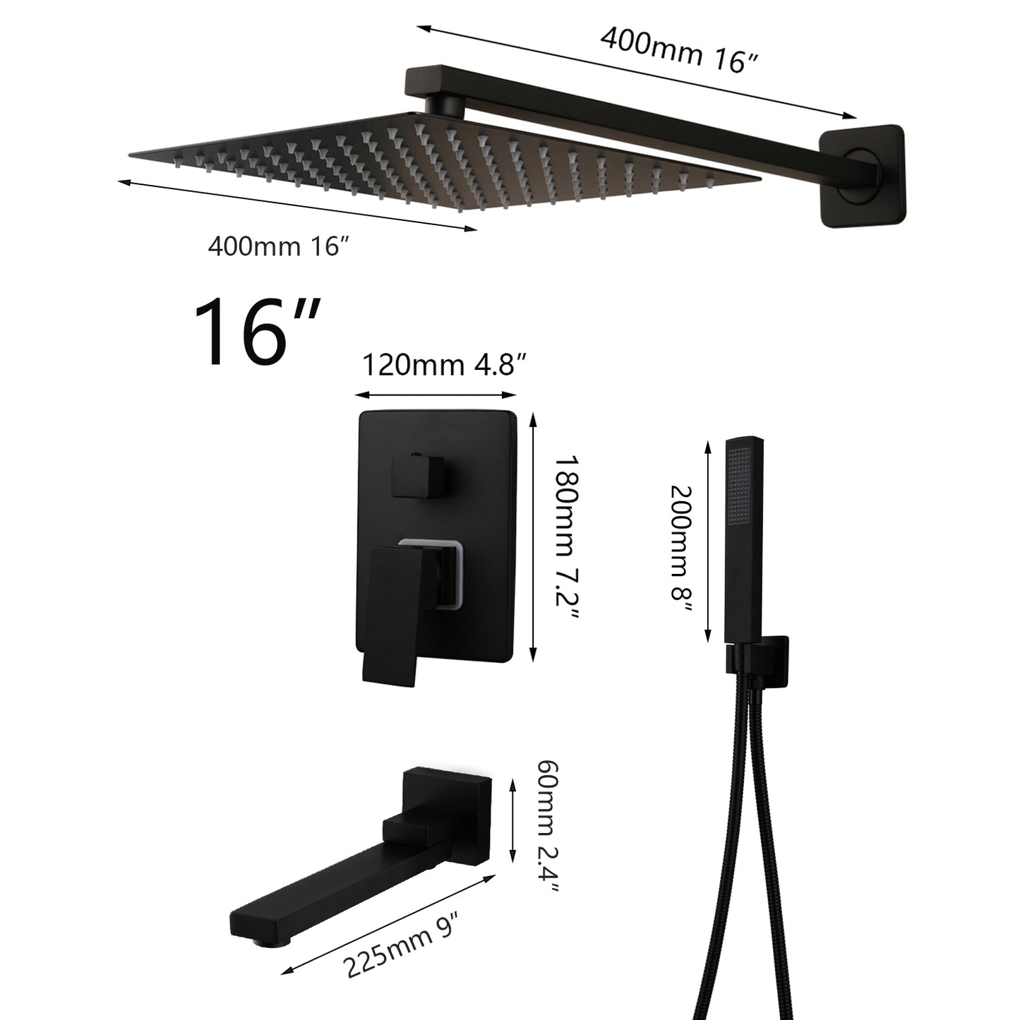 Bathroom Matte Black Shower Faucet Kits Rainfall Tub LED Bathtub Rain Square Shower Head & Swivel Spout Shower Set