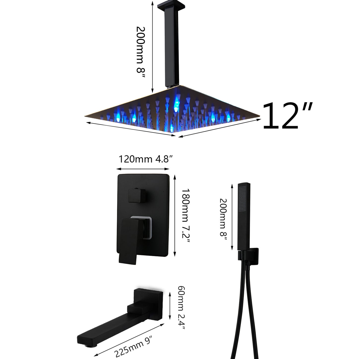 Bathroom Matte Black Shower Faucet Kits Rainfall Tub LED Bathtub Rain Square Shower Head & Swivel Spout Shower Set