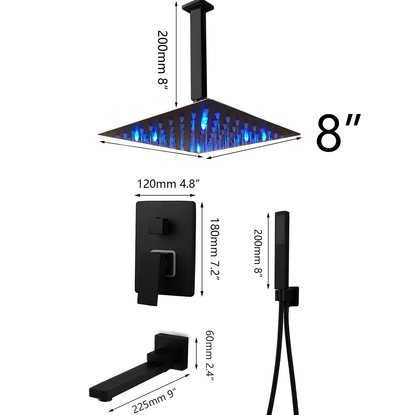 Bathroom Matte Black Shower Faucet Kits Rainfall Tub LED Bathtub Rain Square Shower Head & Swivel Spout Shower Set