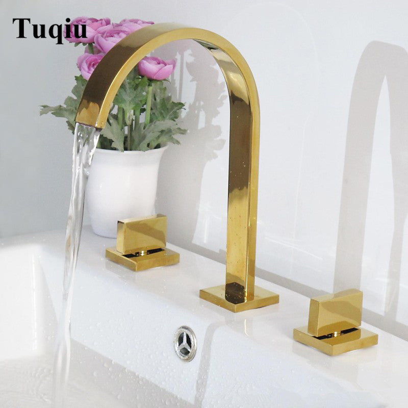 Basin Faucets Total Brass Black Bathroom Faucet Gold Sink Faucets 3 Hole Double Handle Hot And Cold Waterfall Faucet Water Tap