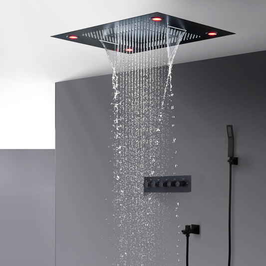 Bathroom Ceiling Matte Black Luxury Shower Head High Flow Constant Temperature Mixer Multi Function SPA LED Shower Set