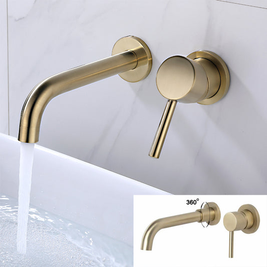 Bathroom Fixture Solid Brass Washbasin Gold Faucet In Wall Mounted Single One Handle Mixer Tap Hot and Cold Water Swivel Spout