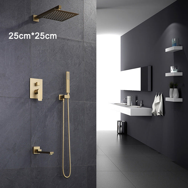 Bathroom Shower Set Brushed Gold Square Rainfall Shower Faucet Wall or Ceiling Wall Mounted Shower Mixer 8-12" Shower Head