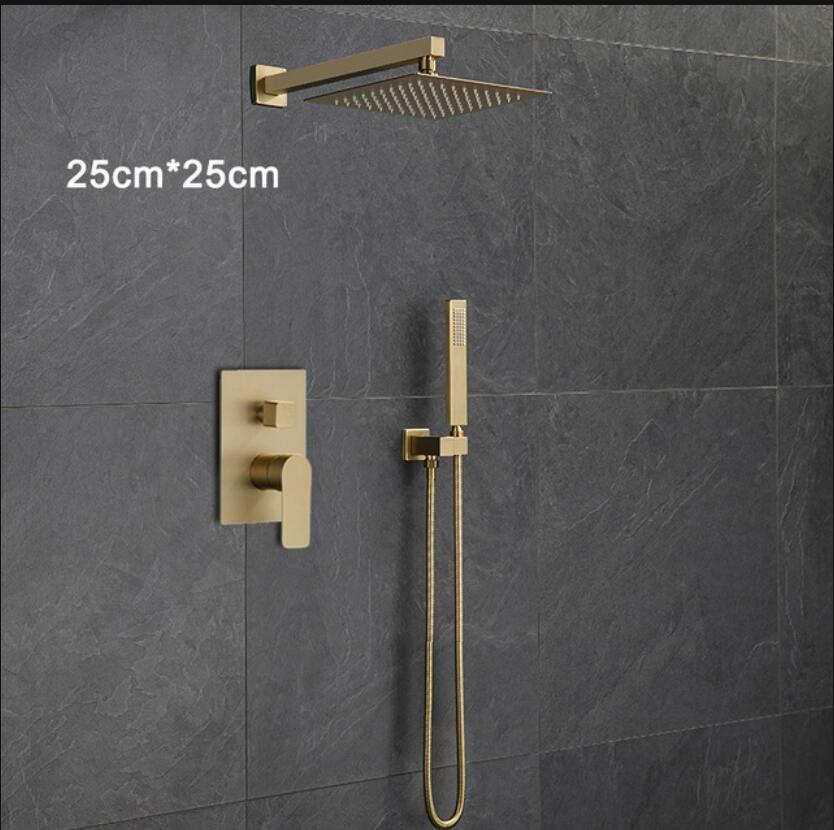 Bathroom Shower Set Brushed Gold Square Rainfall Shower Faucet Wall or Ceiling Wall Mounted Shower Mixer 8-12" Shower Head