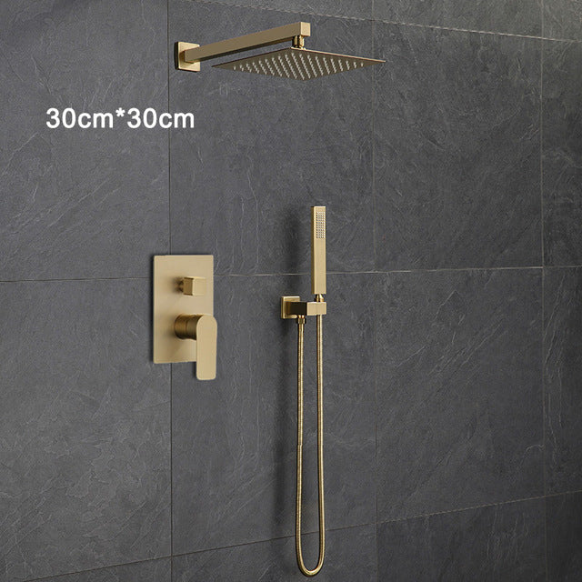 Bathroom Shower Set Brushed Gold Square Rainfall Shower Faucet Wall or Ceiling Wall Mounted Shower Mixer 8-12" Shower Head