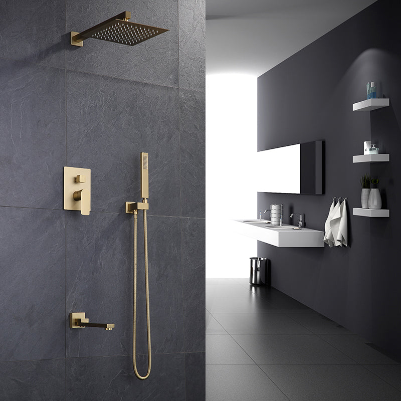 Bathroom Shower Set Brushed Gold Square Rainfall Shower Faucet Wall or Ceiling Wall Mounted Shower Mixer 8-12" Shower Head