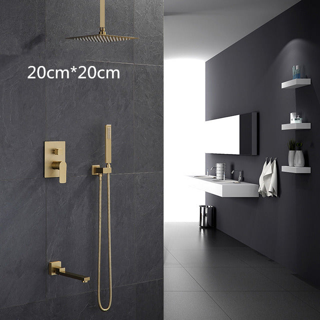 Bathroom Shower Set Brushed Gold Square Rainfall Shower Faucet Wall or Ceiling Wall Mounted Shower Mixer 8-12" Shower Head