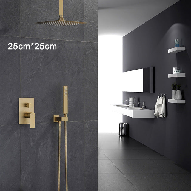 Bathroom Shower Set Brushed Gold Square Rainfall Shower Faucet Wall or Ceiling Wall Mounted Shower Mixer 8-12" Shower Head