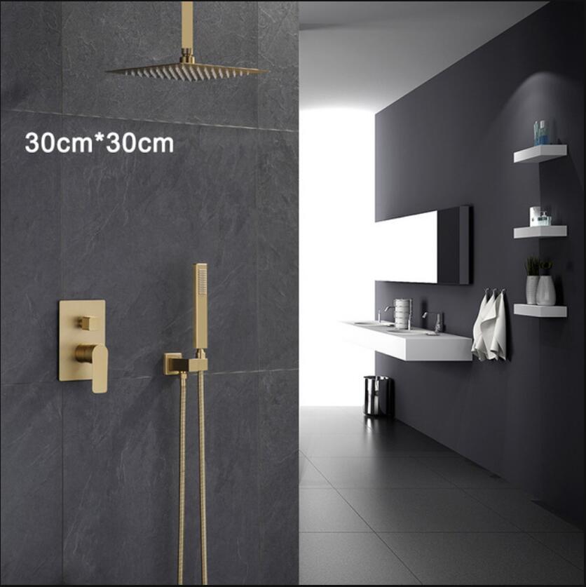 Bathroom Shower Set Brushed Gold Square Rainfall Shower Faucet Wall or Ceiling Wall Mounted Shower Mixer 8-12" Shower Head