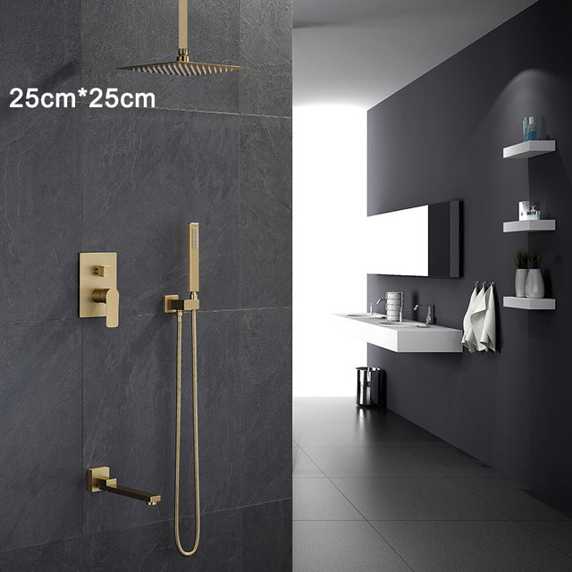 Bathroom Shower Set Brushed Gold Square Rainfall Shower Faucet Wall or Ceiling Wall Mounted Shower Mixer 8-12" Shower Head