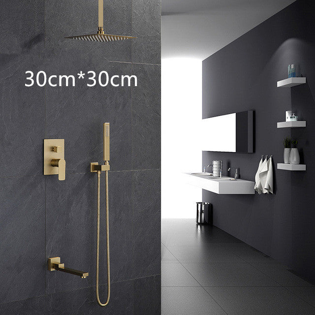 Bathroom Shower Set Brushed Gold Square Rainfall Shower Faucet Wall or Ceiling Wall Mounted Shower Mixer 8-12" Shower Head