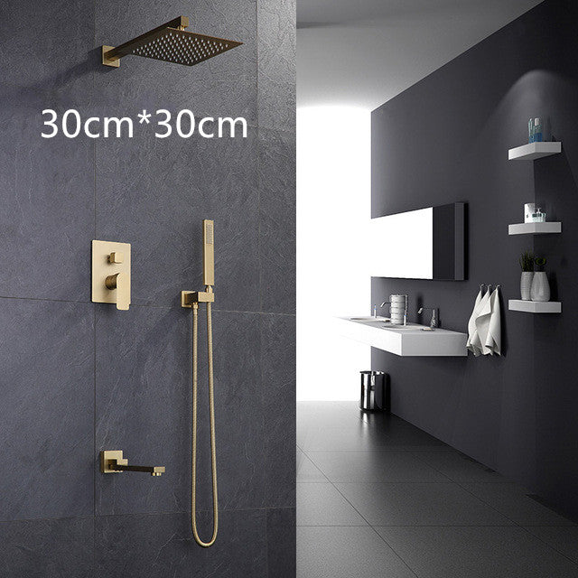 Bathroom Shower Set Brushed Gold Square Rainfall Shower Faucet Wall or Ceiling Wall Mounted Shower Mixer 8-12" Shower Head