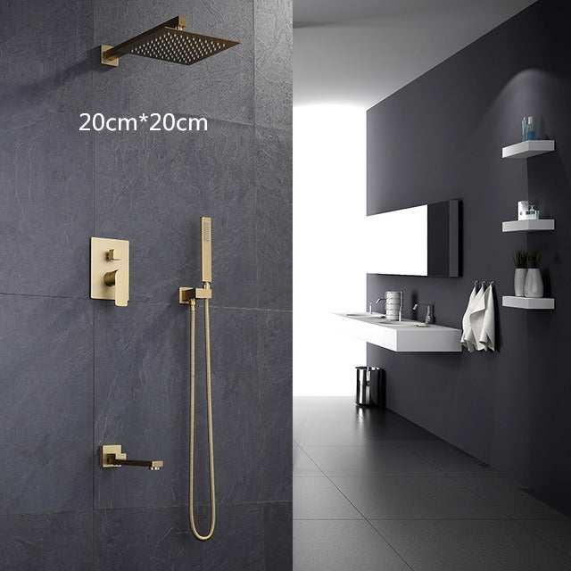 Bathroom Shower Set Brushed Gold Square Rainfall Shower Faucet Wall or Ceiling Wall Mounted Shower Mixer 8-12" Shower Head