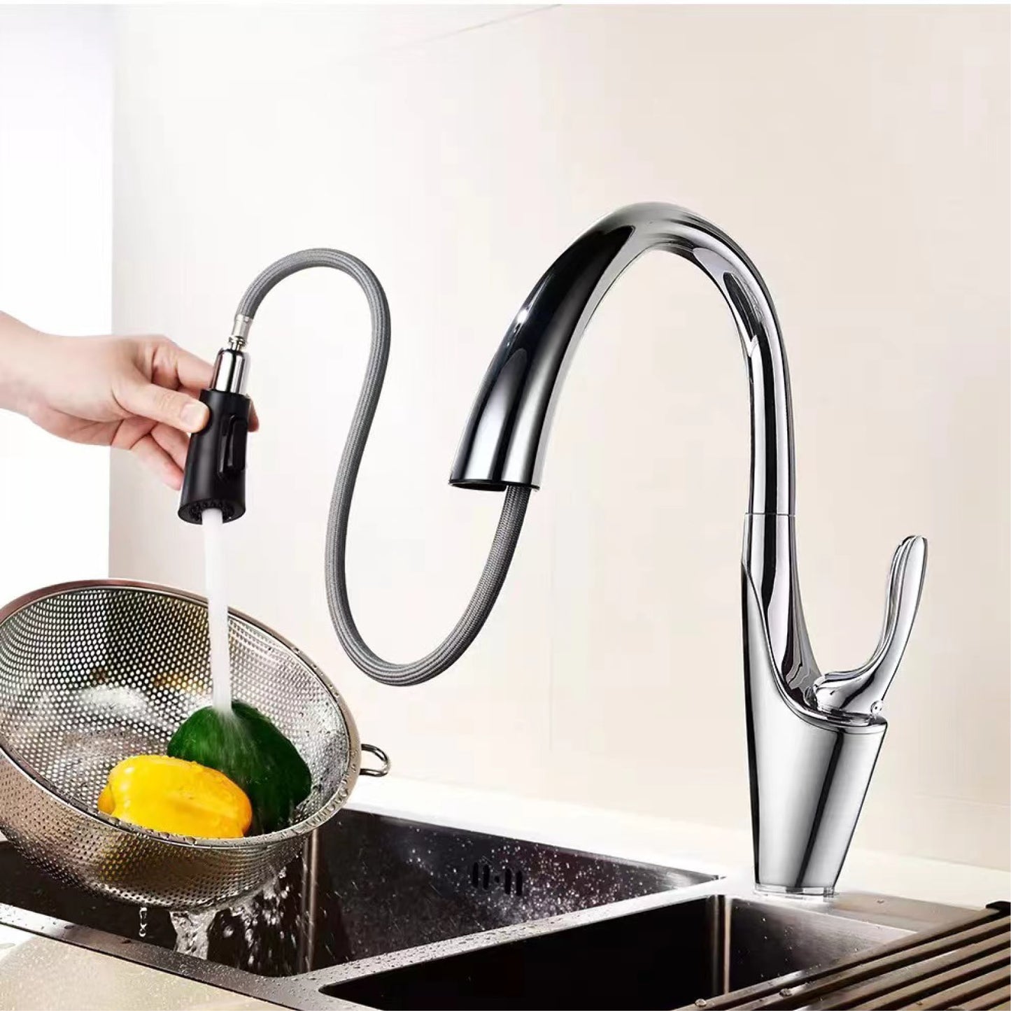 Brass pull kitchen faucet cold and hot sink copper faucet shower dual-mode water outlet rotatable Tap