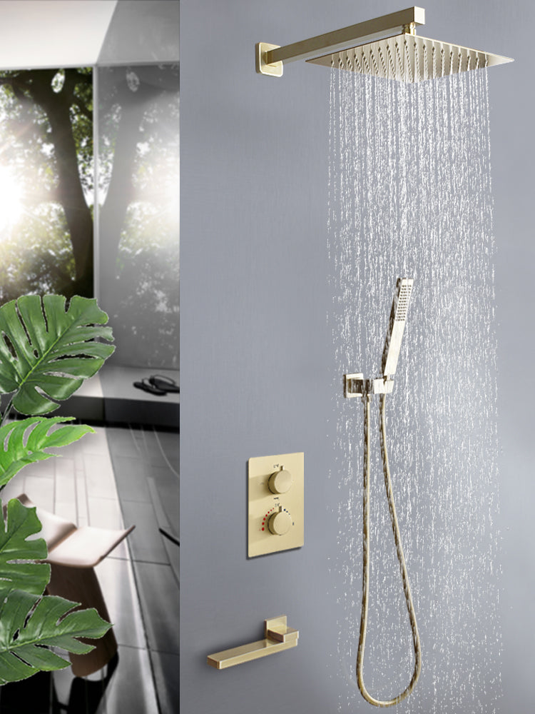 Thermostatic Bathroom Shower Faucet In Wall Brushed Gold Bath and Shower Faucet Set  Thermostatic Mixer Bath and Rainfall Shower