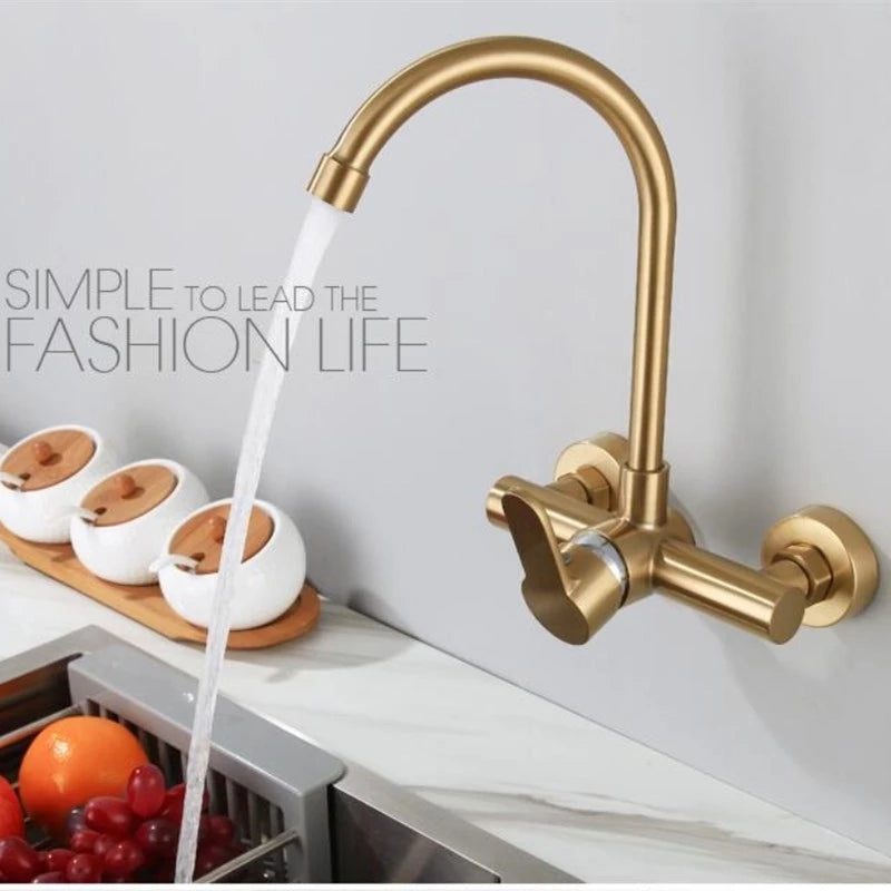 Brushed Gold Kitchen Faucet  Swivel Pot Filler Tap Wall Mounted Hot and Cold Sink Tap Rotate Spout Stainless Steel