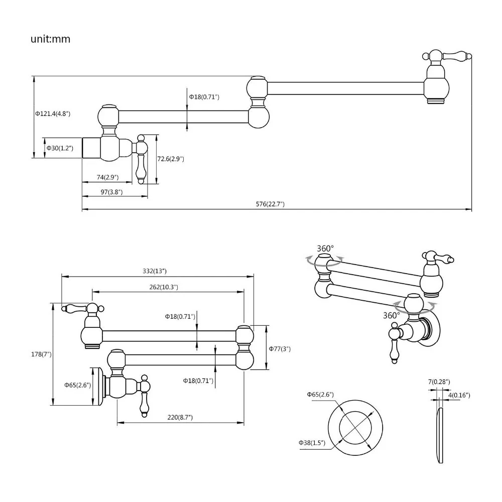 Pot Filler Tap Wall Mounted Foldable Brushed Gold Kitchen Faucet Single Cold  Sink Tap Rotate Folding Spout Chrome Brass