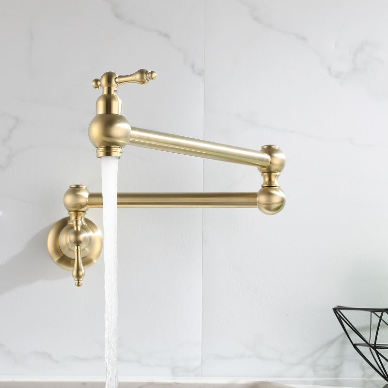 Pot Filler Tap Wall Mounted Foldable Brushed Gold Kitchen Faucet Single Cold  Sink Tap Rotate Folding Spout Chrome Brass