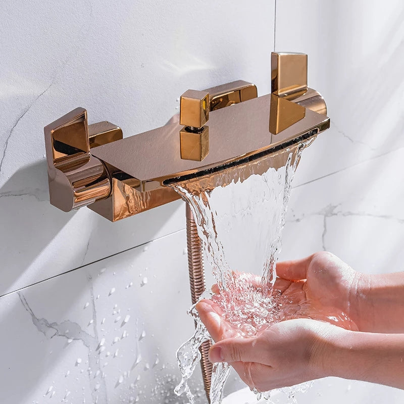 Rose Gold Bathtub Shower Faucet Set Brass Bathtub Faucet Hot & Cold Taps Mixer With Handheld Waterfall Bathtub Tap Black