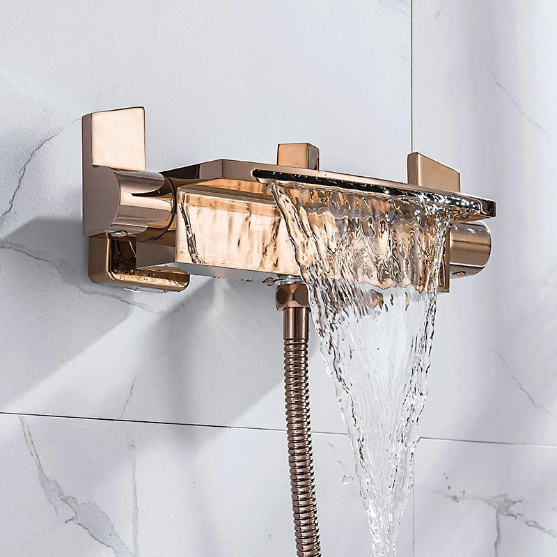 Rose Gold Bathtub Shower Faucet Set Brass Bathtub Faucet Hot & Cold Taps Mixer With Handheld Waterfall Bathtub Tap Black