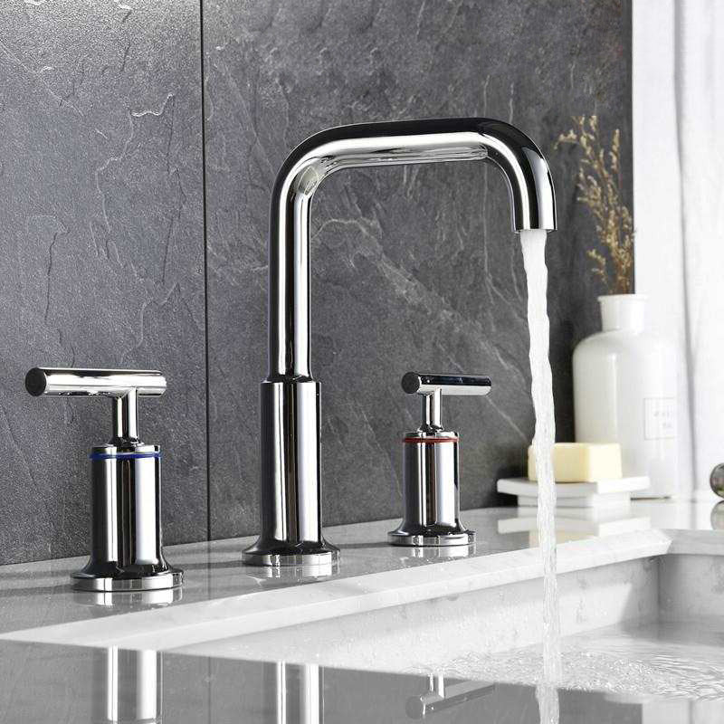 Widespread Basin Faucet 3 Holes Dual Handles Bathroom Basin Mixer Tap Brushed Sink Tap Rose Gold Bathroom Water Faucet